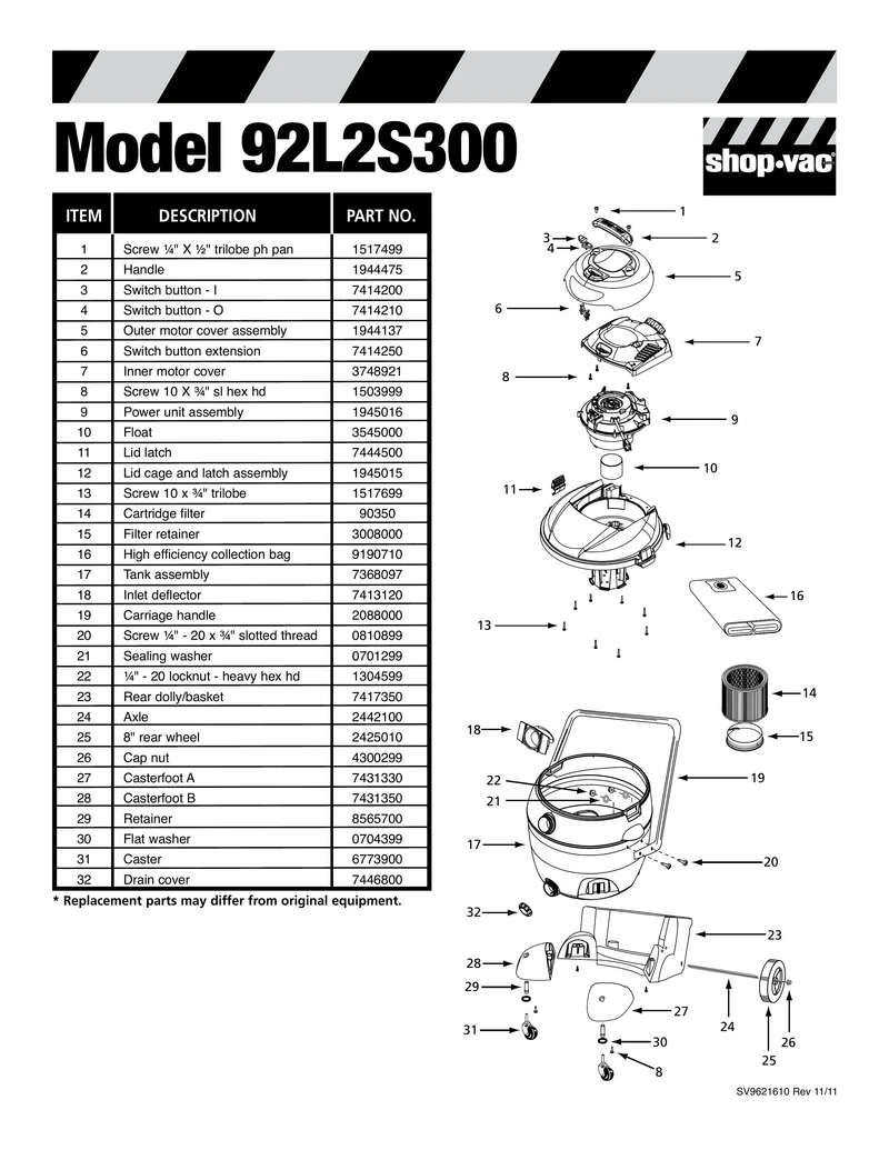 Shop-Vac Parts List for 92L2S300 Models (16 Gallon* Industrial Vac)