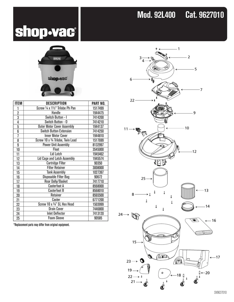 Shop-Vac Parts List for 92L400B Models (Shop-Vac 10 Gallon* 4.0 Peak HP** Contractor Wet/Dry Vac)