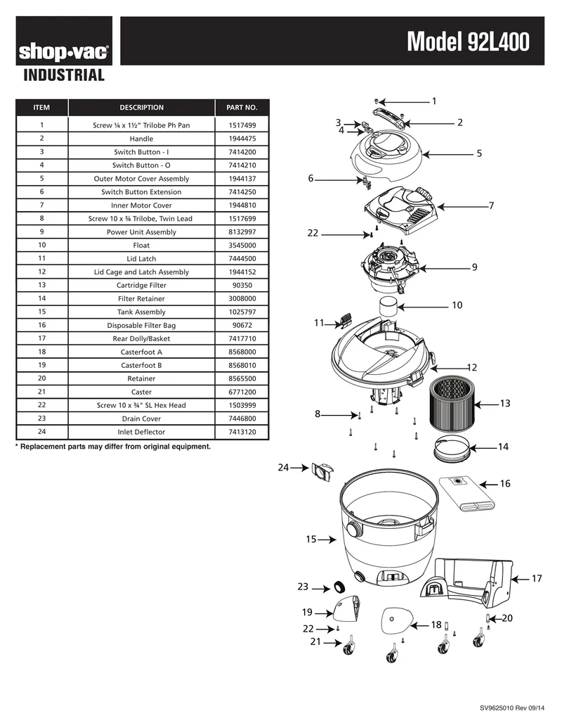 Shop-Vac Parts List for 92L400 Models (10 Gallon* Yellow / Black Industrial Vac w/ Rear Basket Dolly)