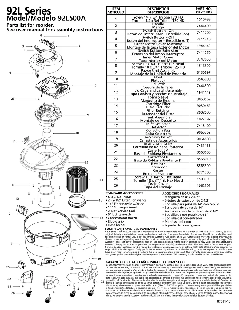 Shop-Vac Parts List for 92L500A Models (12 Gallon* Yellow / Black Vac w/ Basket)