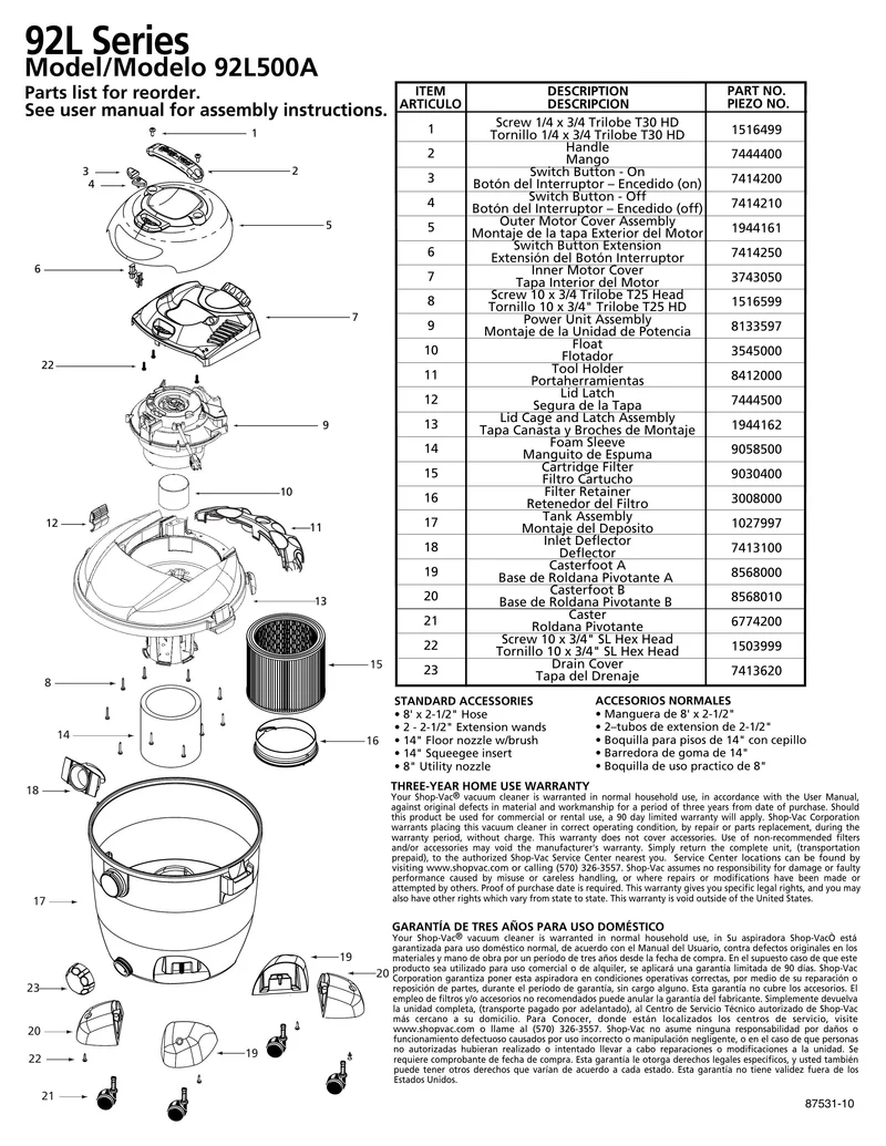 Shop-Vac Parts List for 92L500A Models (12 Gallon* Red / Black Vac)