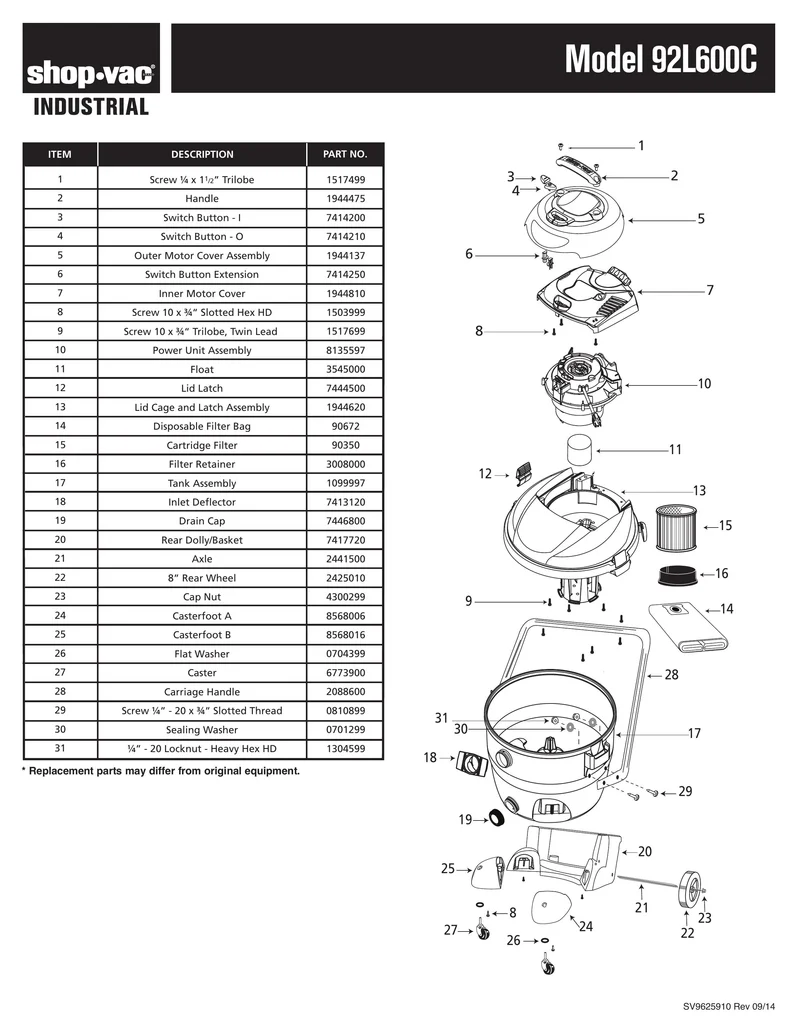 Shop-Vac Parts List for 92L600C Models (14 Gallon* Yellow / Black Industrial Vac)