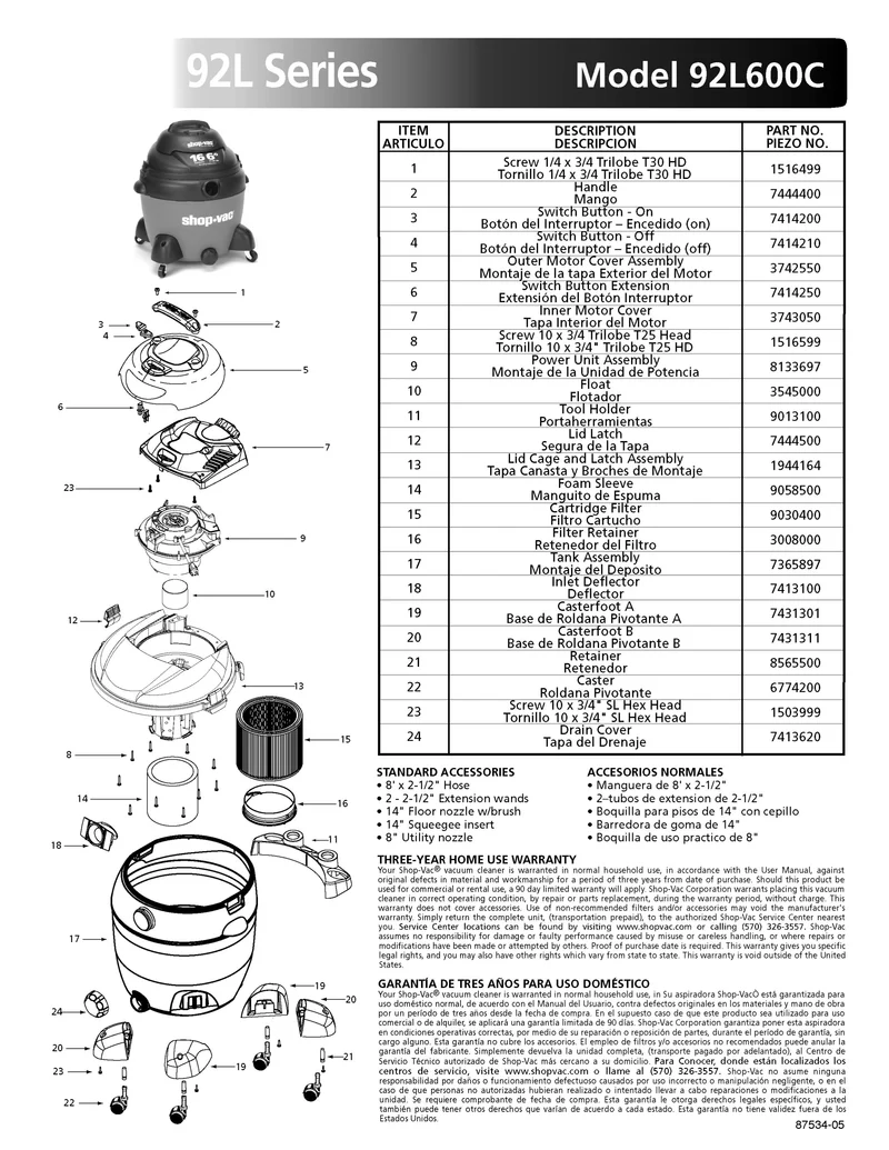 Shop-Vac Parts List for 92L600C Models (16 Gallon* Red / Black Vac)