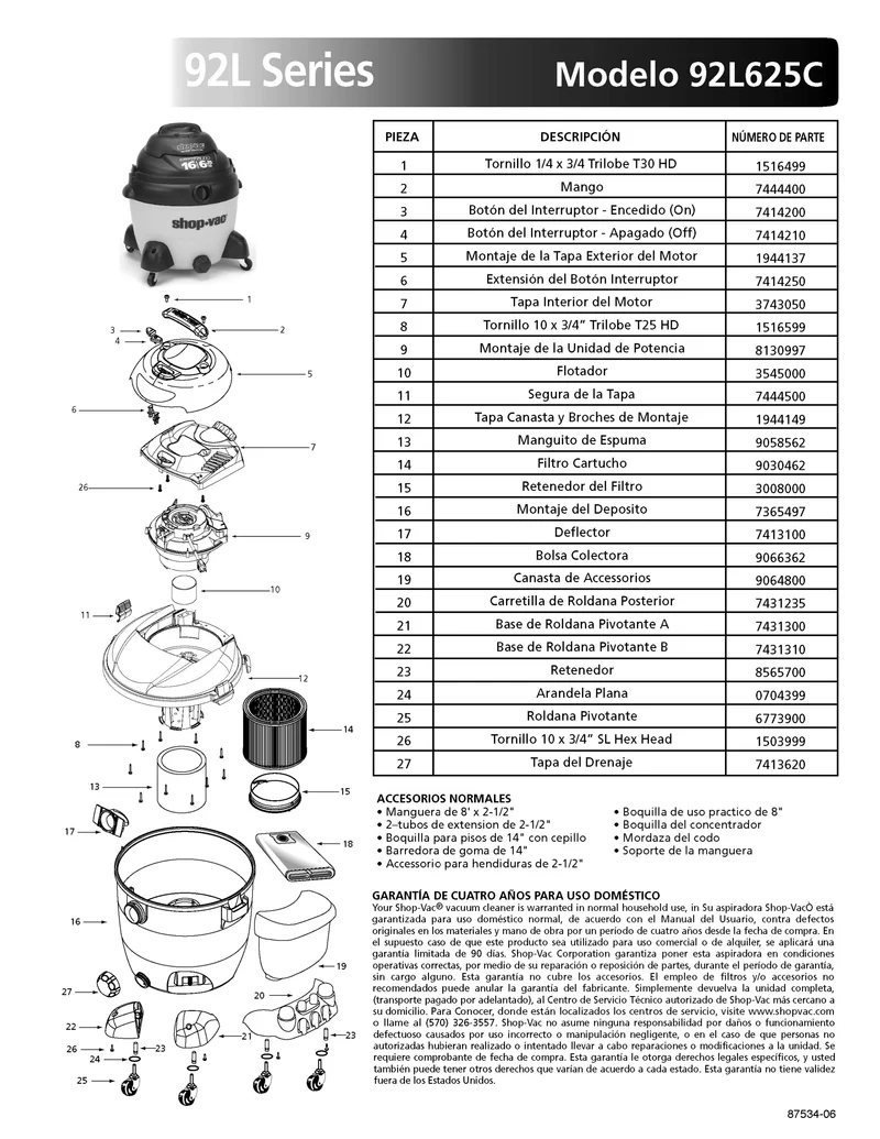 Shop-Vac Parts List for 92L625C Models (16 Gallon* Yellow / Black Vac w/ Rear Dolly & Basket)