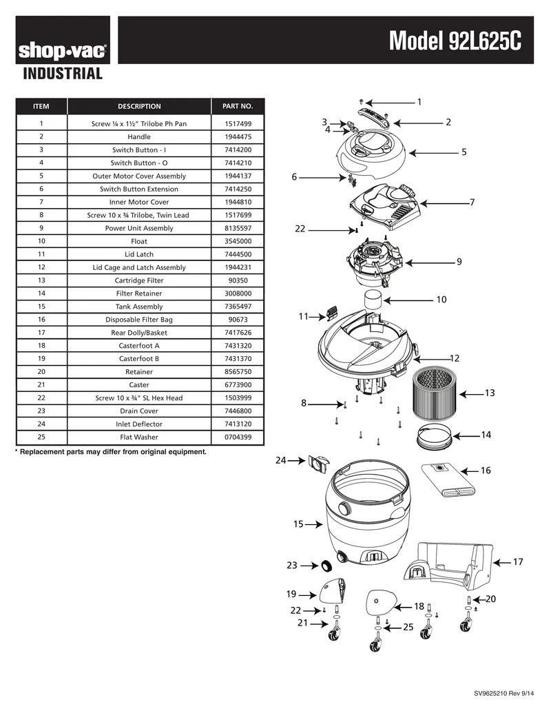 Shop-Vac Parts List for 92L625C Models (16 Gallon* Yellow / Black Industrial Vac w/ Rear Basket Dolly)