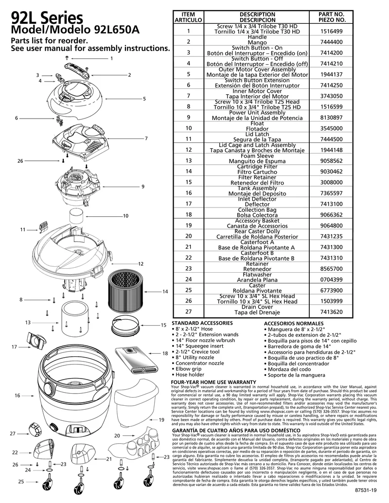 Shop-Vac Parts List for 92L650A Models (18 Gallon* Yellow / Black Vac w/ Rear Caster Dolly)