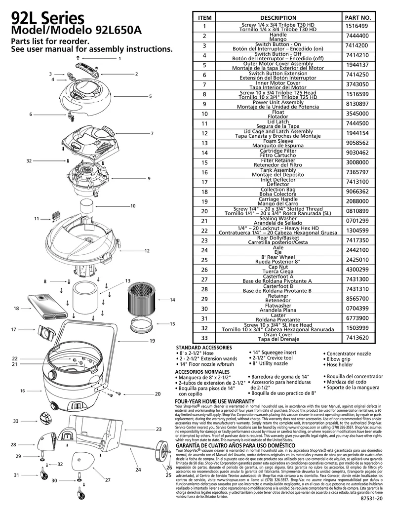 Shop-Vac Parts List for 92L650A Models (18 Gallon* Yellow / Black Vac w/ Rear Basket Dolly & Transport Handle)