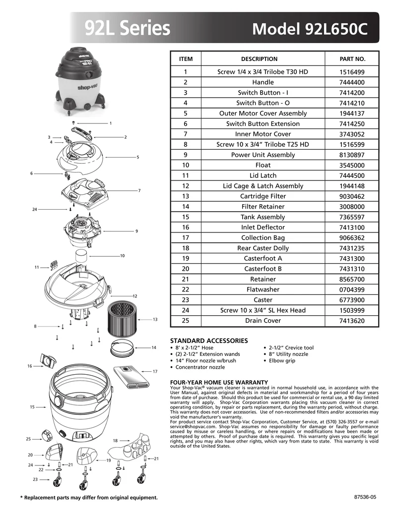 Shop-Vac Parts List for 92L650C Models (18 Gallon* Yellow / Black Vac)