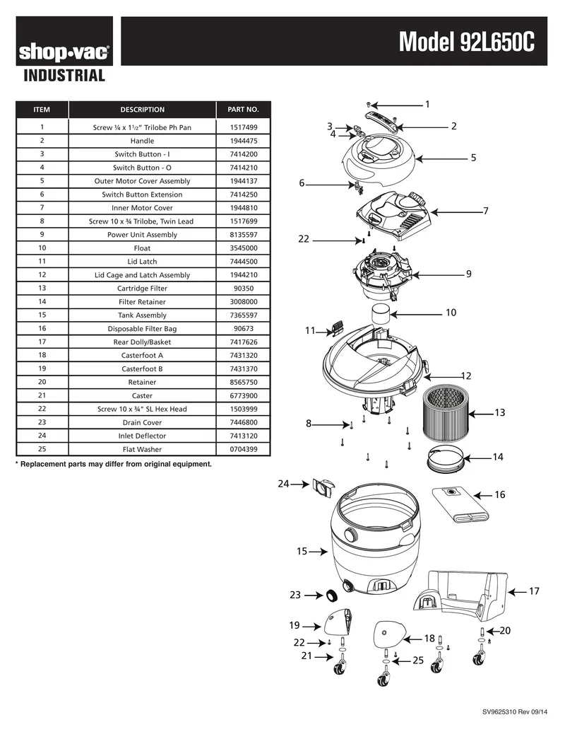 Shop-Vac Parts List for 92L650C Models (18 Gallon* Yellow / Black Industrial Vac w/ Rear Basket Dolly)