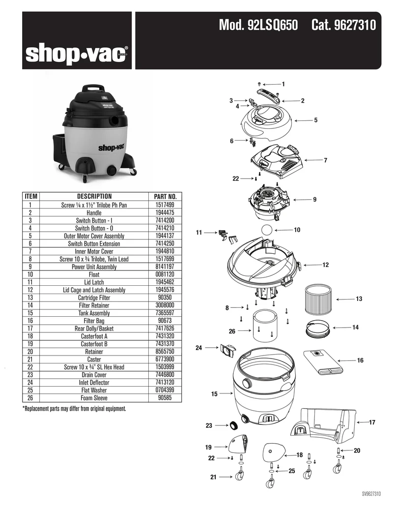 Shop-Vac Parts List for 92LSQ650 Models (Shop-Vac 18 Gallon* 6.5 Peak HP** SVX2 Powered Contractor Wet/Dry Vac)