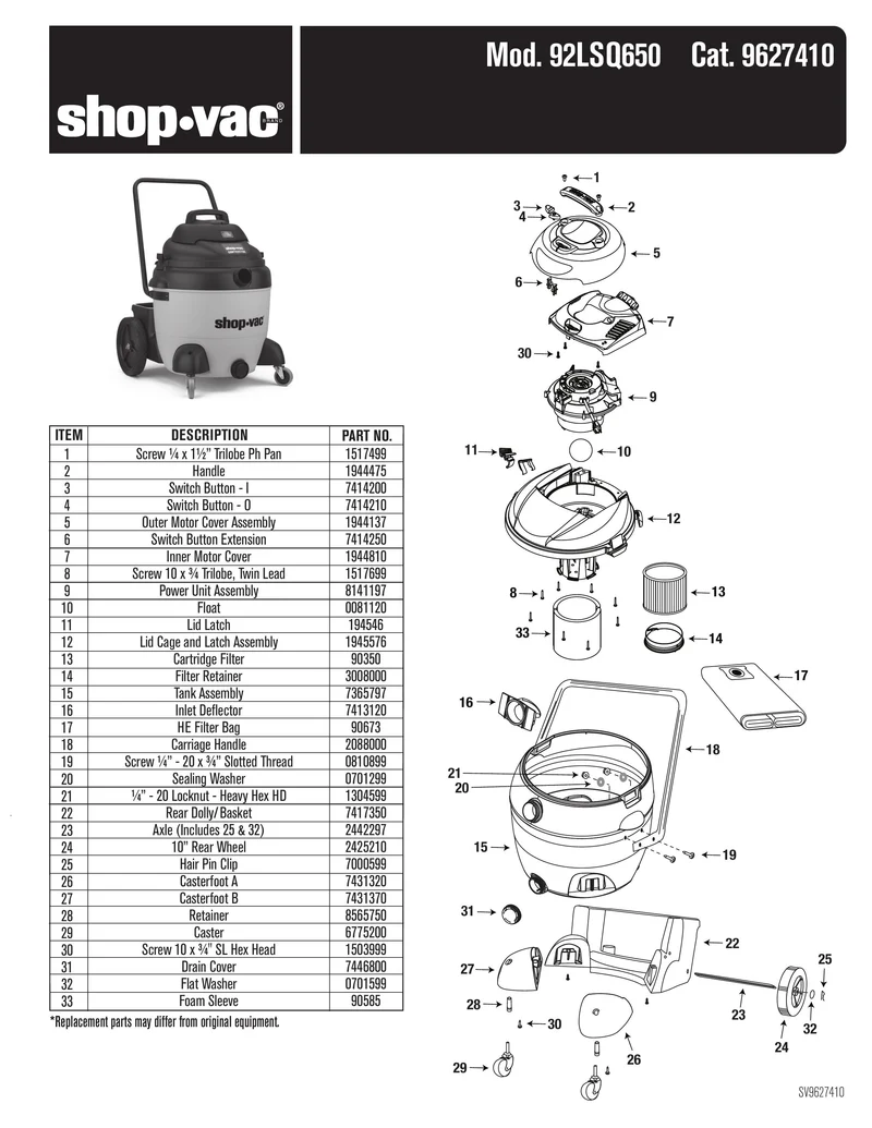 Shop-Vac Parts List for 92LSQ650 Models (Shop-Vac 18 Gallon* 6.5 Peak HP** SVX2 Powered Contractor Heavy-Duty Wet/Dry Vac)