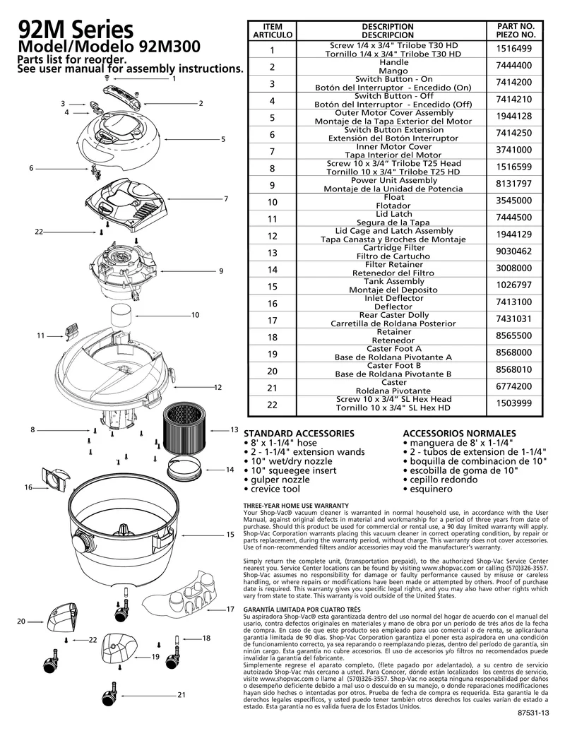 Shop-Vac Parts List for 92M300 Models (6 Gallon* Vac)