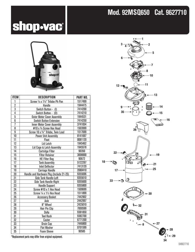 Shop-Vac Parts List for 92MSQ650 Models (Shop-Vac 10 Gallon* 6.5 Peak HP** SVX2 Powered Stainless Steel Contractor Wet/Dry Vac)