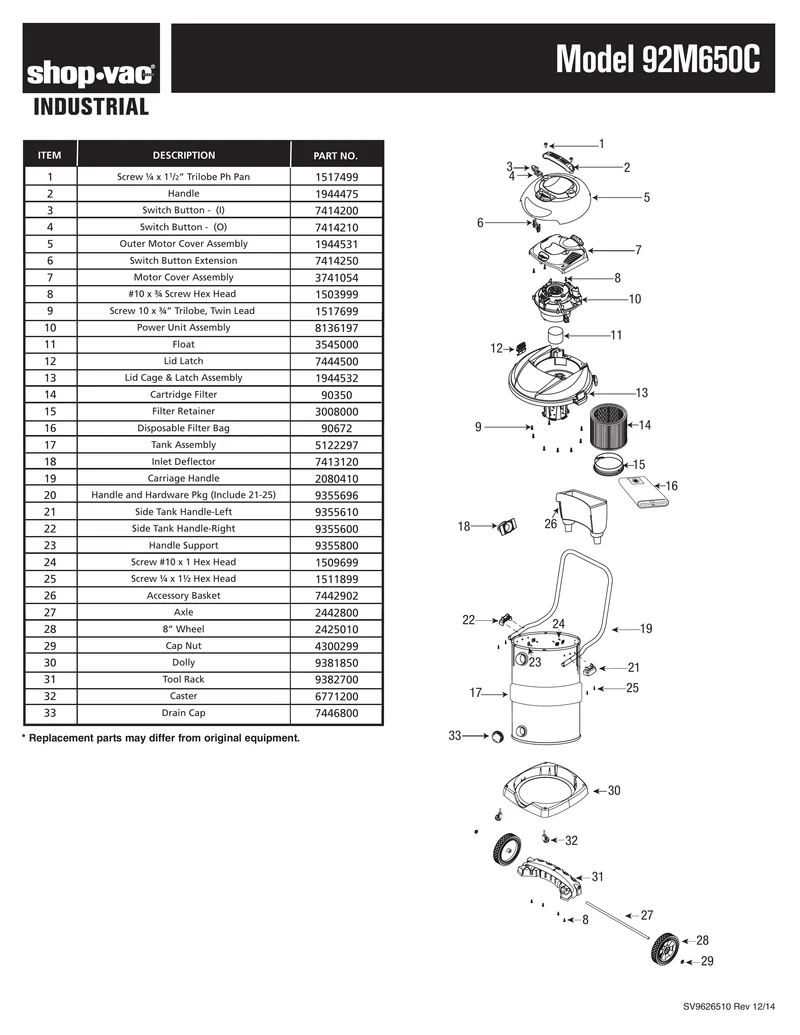 Shop-Vac Parts List for 92M650C Models (10 Gallon* Black / Stainless Steel Industrial Vac)