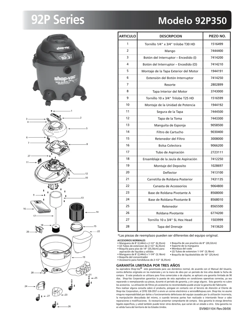 Shop-Vac Parts List for 92P350 Models (10 Gallon* Red / Black Pump Vac w/ Rear Dolly and Basket)