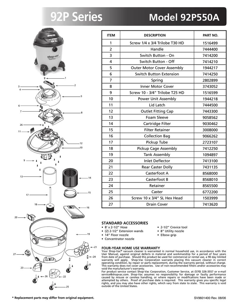 Shop-Vac Parts List for 92P550A Models (14 Gallon* Yellow / Black Vac)