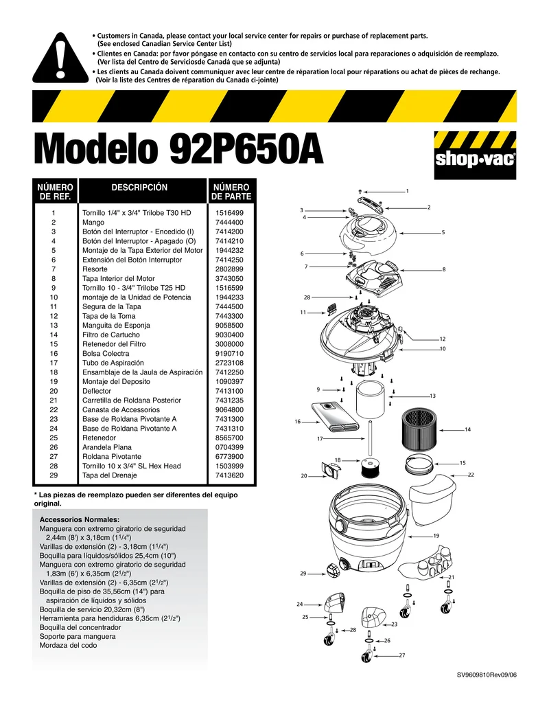 Shop-Vac Parts List for 92P650A Models (22 Gallon* Industrial Vac)