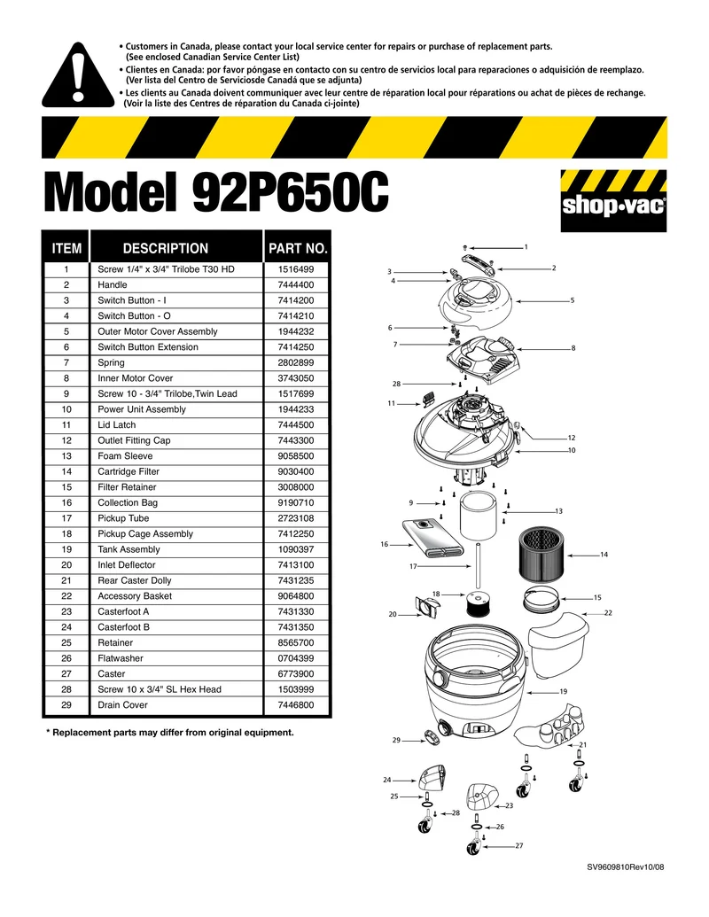 Shop-Vac Parts List for 92P650C Models (22 Gallon* Yellow / Black Industrial Pump Vac)