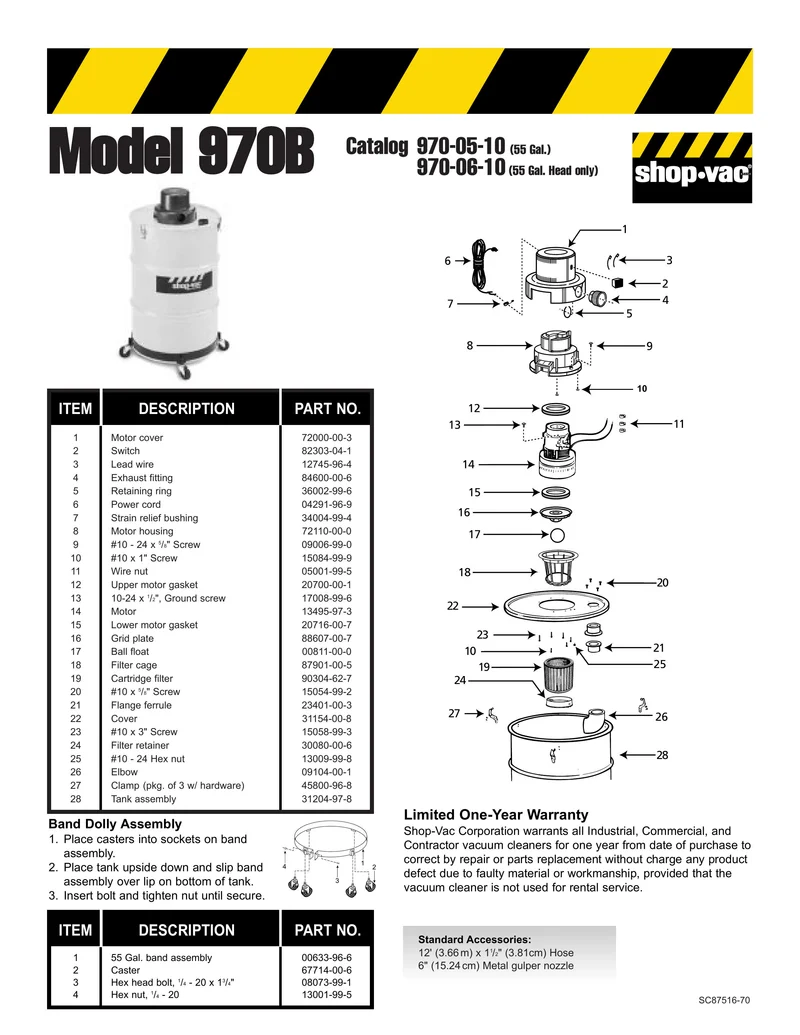 Shop-Vac Parts List for 970B Models (55 Gallon* Black / Yellow Industrial Drum Vac)