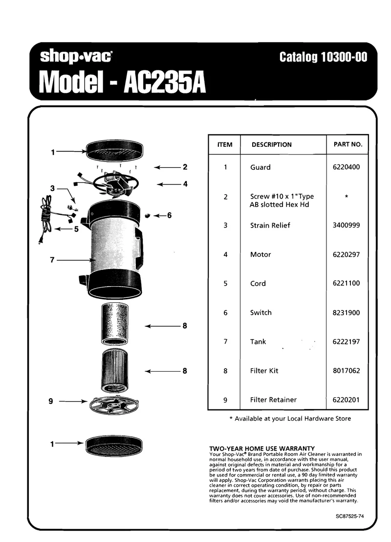 Shop-Vac Parts List for AC235 Models (Portable Air Cleaner)