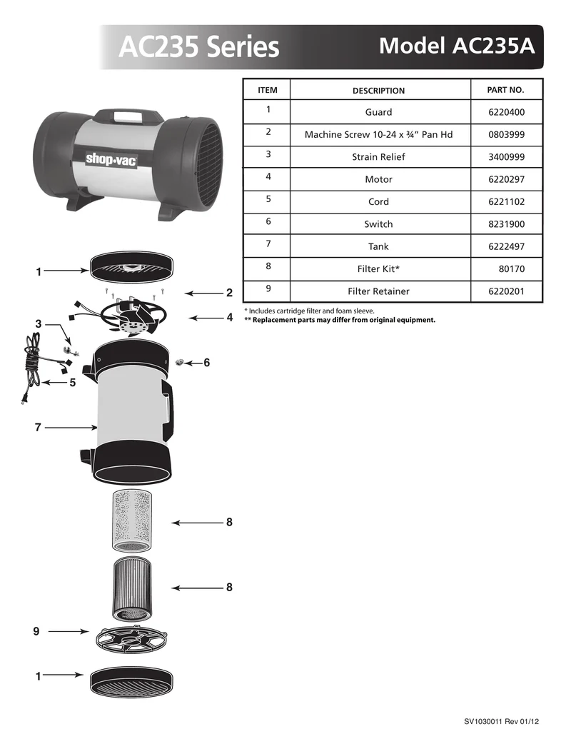 Shop-Vac Parts List for AC235A Models (Stainless Steel Air Cleaner)