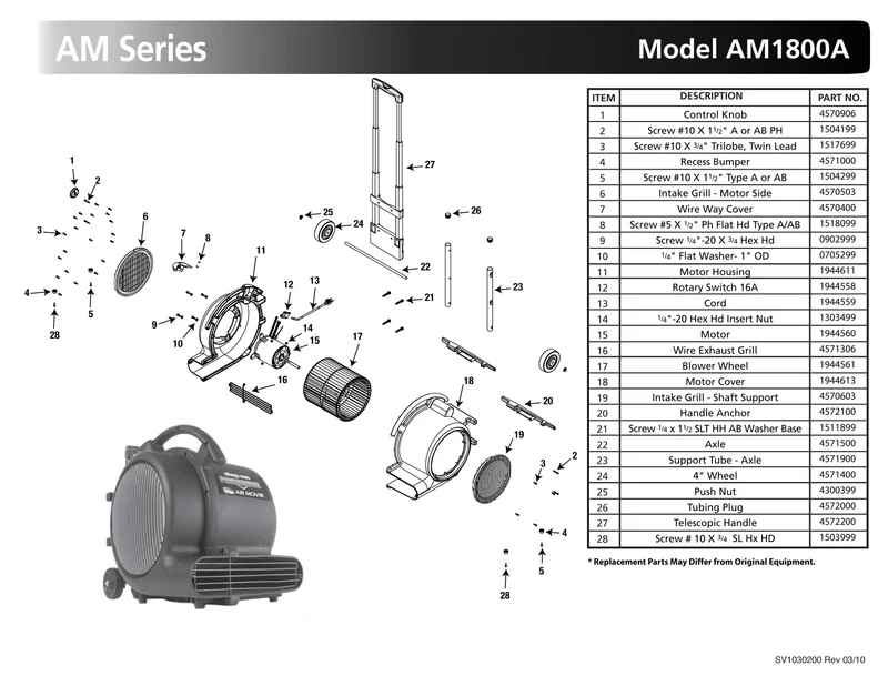 Shop-Vac Parts List for AM1800A Models (1800 Max. CFM Black Professional Air Mover)