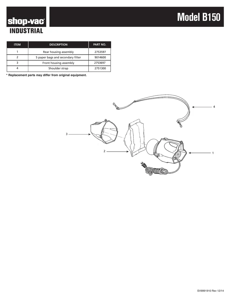 Shop-Vac Parts List for B150 Models (Industrial Hippo)