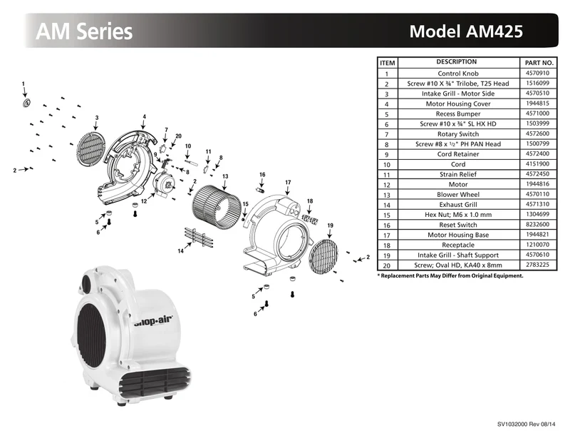 Shop-Vac Parts List for AM425 Models (500 Max. CFM Air Mover)