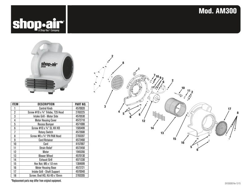 Shop-Vac Parts List for AM300 Models (Shop-Air 200 Max. CFM Air Mover)