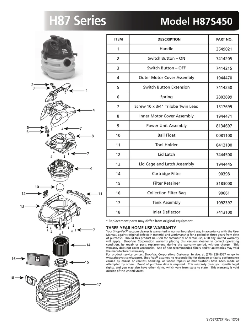 Shop-Vac Parts List for H87S450 Models (5 Gallon* Green / Black Portable Vac)