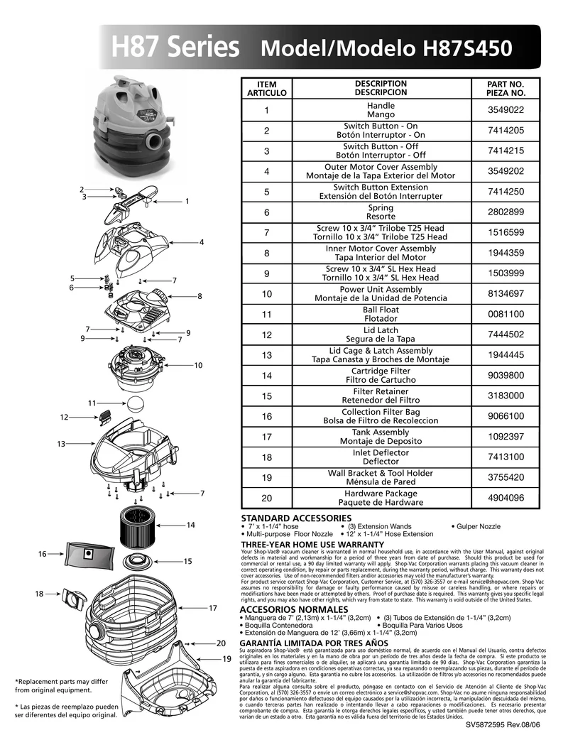 Shop-Vac Parts List for H87S450 Models (5 Gallon* Light & Dark Grey Portable Vac w/ Wall Bracket)