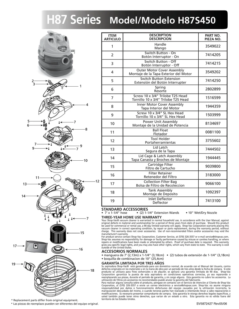 Shop-Vac Parts List for H87S450 Models (5 Gallon* Grey / Black Portable Vac)