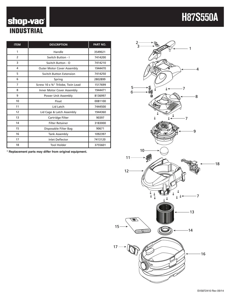 Shop-Vac Parts List for H87S550A Models (5 Gallon* Yellow / Black Portable Industrial Vac)