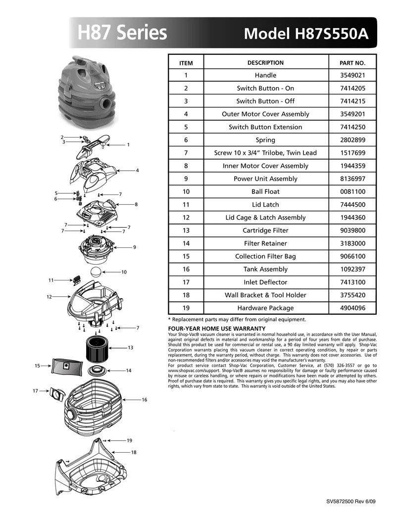 Shop-Vac Parts List for H87S550A Models (5 Gallon* Yellow / Black Portable Vac w/ Wall Mount)