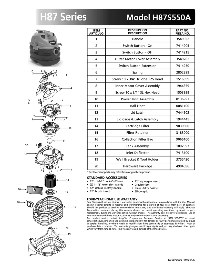 Shop-Vac Parts List for H87S550A Models (5 Gallon* Gray Portable Vac w / Wall Mount)