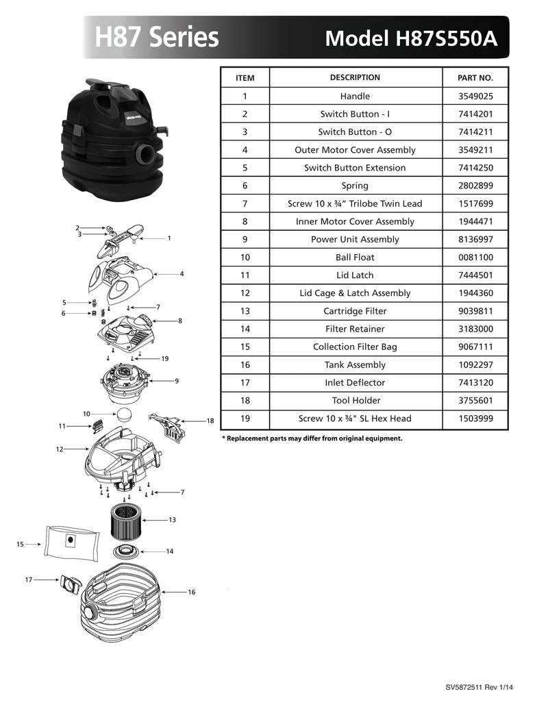 Shop-Vac Parts List for H87S550A Models (5 Gallon* Black / Red Portable Vac)