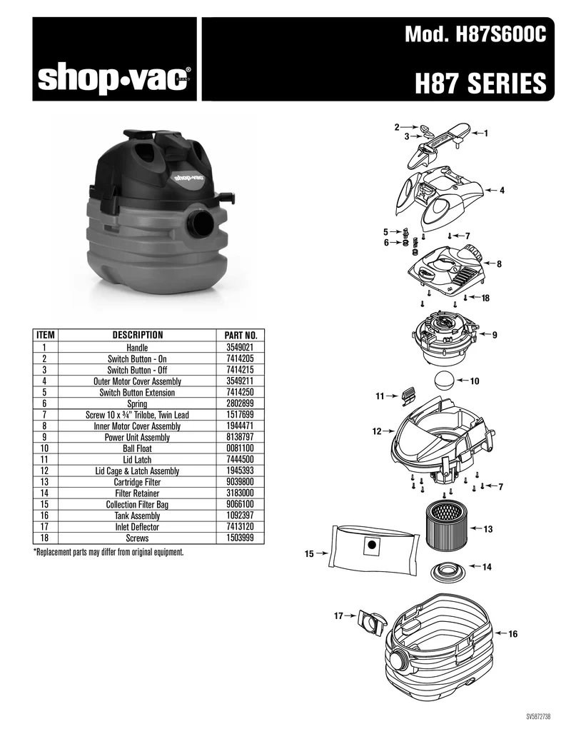 Shop-Vac Parts List for H87S600C Models (5 Gallon* Red / Black Portable Vac)