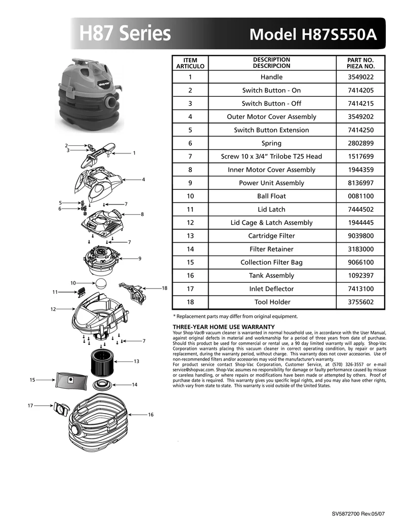 Shop-Vac Parts List for H87S550A Models (5 Gallon* Red / Black Portable Vac)