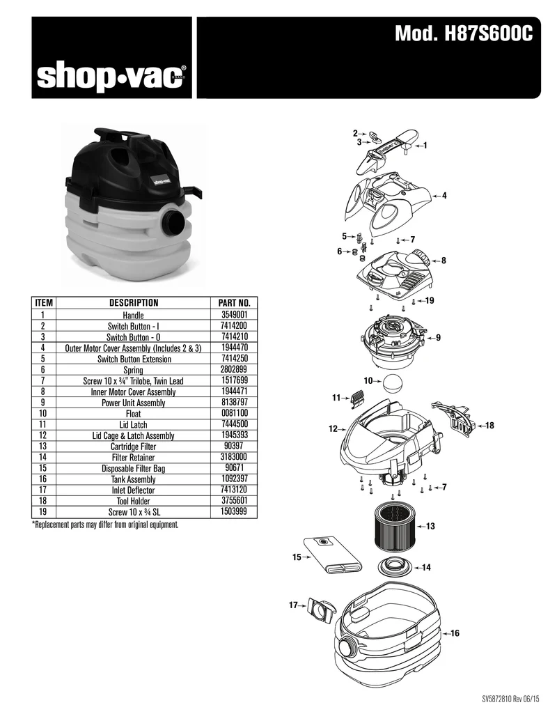 Shop-Vac Parts List for H87S600C Models (5 Gallon* Yellow / Black Portable Industrial Vac)