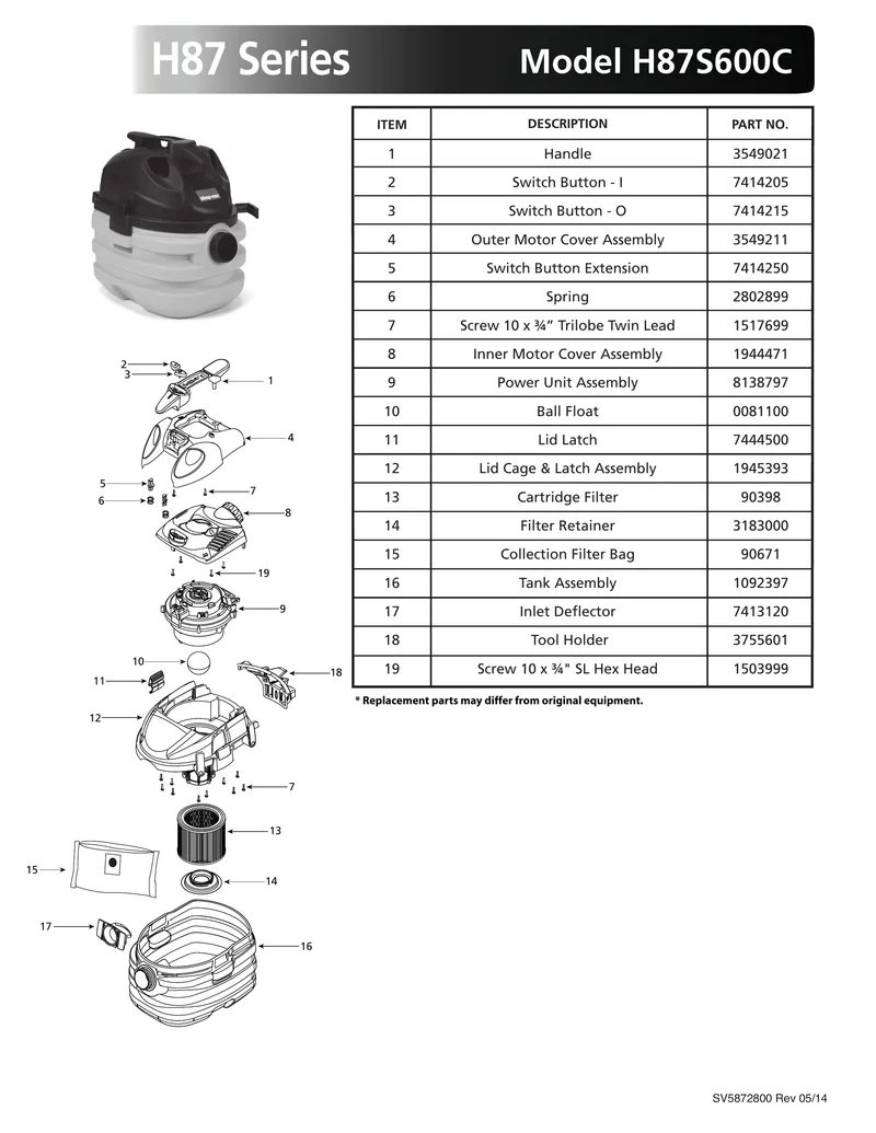 Shop-Vac Parts List for H87S600C Models (5 Gallon* Yellow / Black Portable Vac)