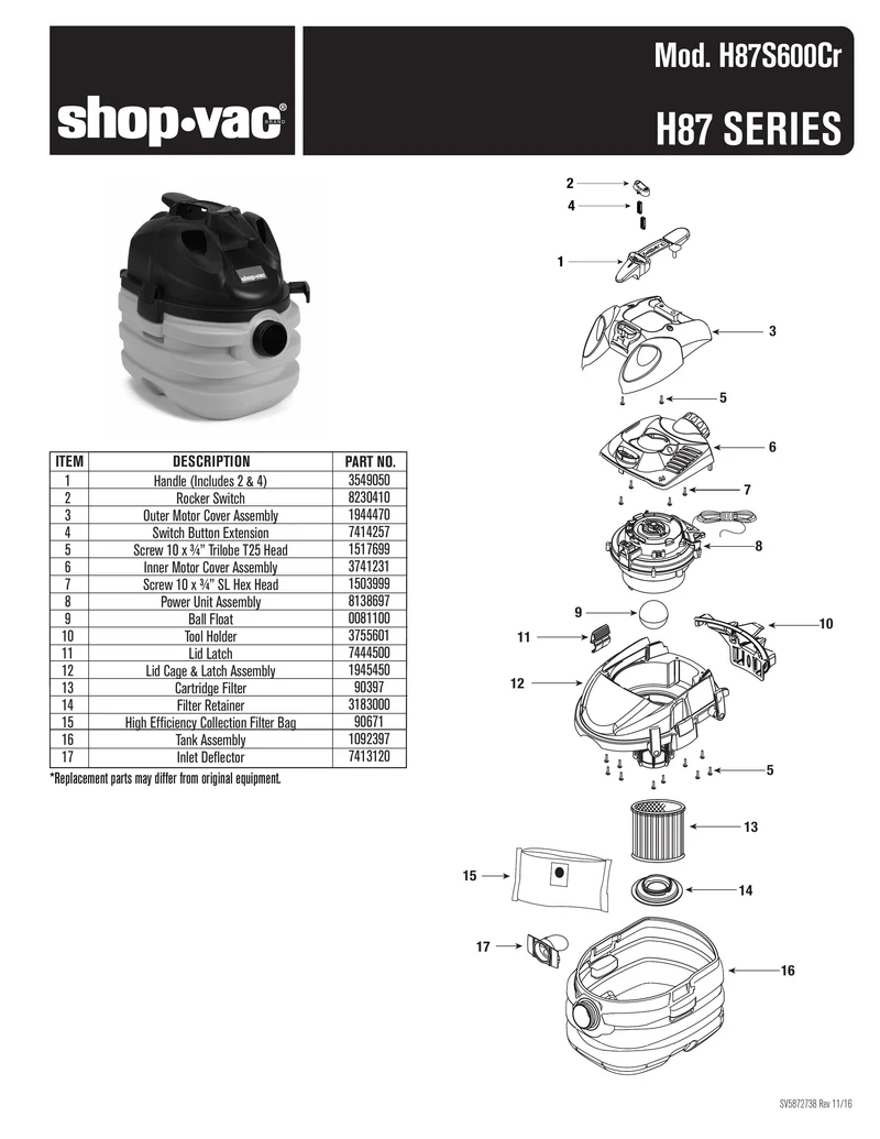 Shop-Vac Parts List for H87S600Cr Models (5 Gallon* Portable Wet/Dry Vac with Red Tank)