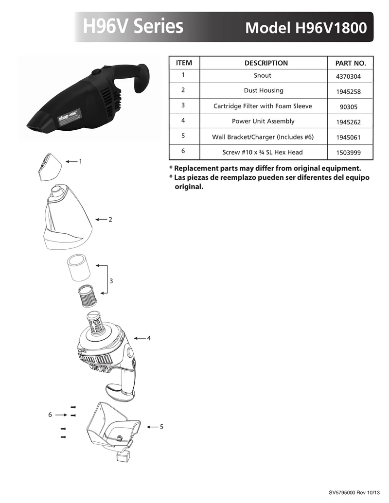 Shop-Vac Parts List for H96V1800 Models (9.6V Rechargable)
