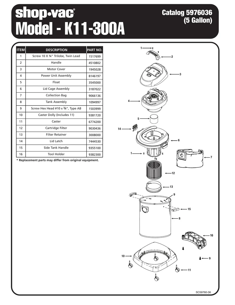 Shop-Vac Parts List for K11-300A Models (5 Gallon* Black / Stainless Steel Vac)