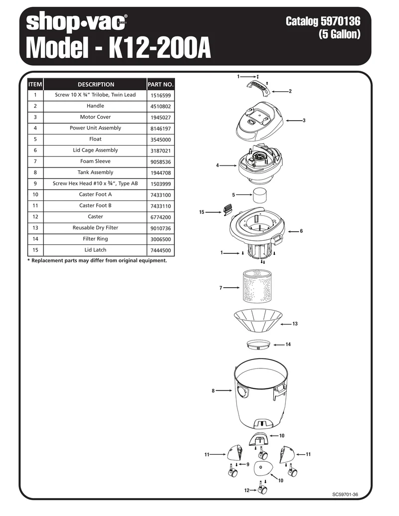 Shop-Vac Parts List for K12-200A Models (5 Gallon* Black Vac)