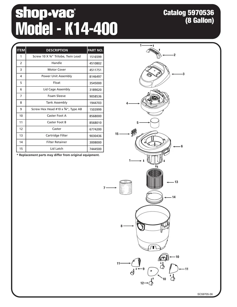 Shop-Vac Parts List for K14-400 Models (8 Gallon* Black Vac)