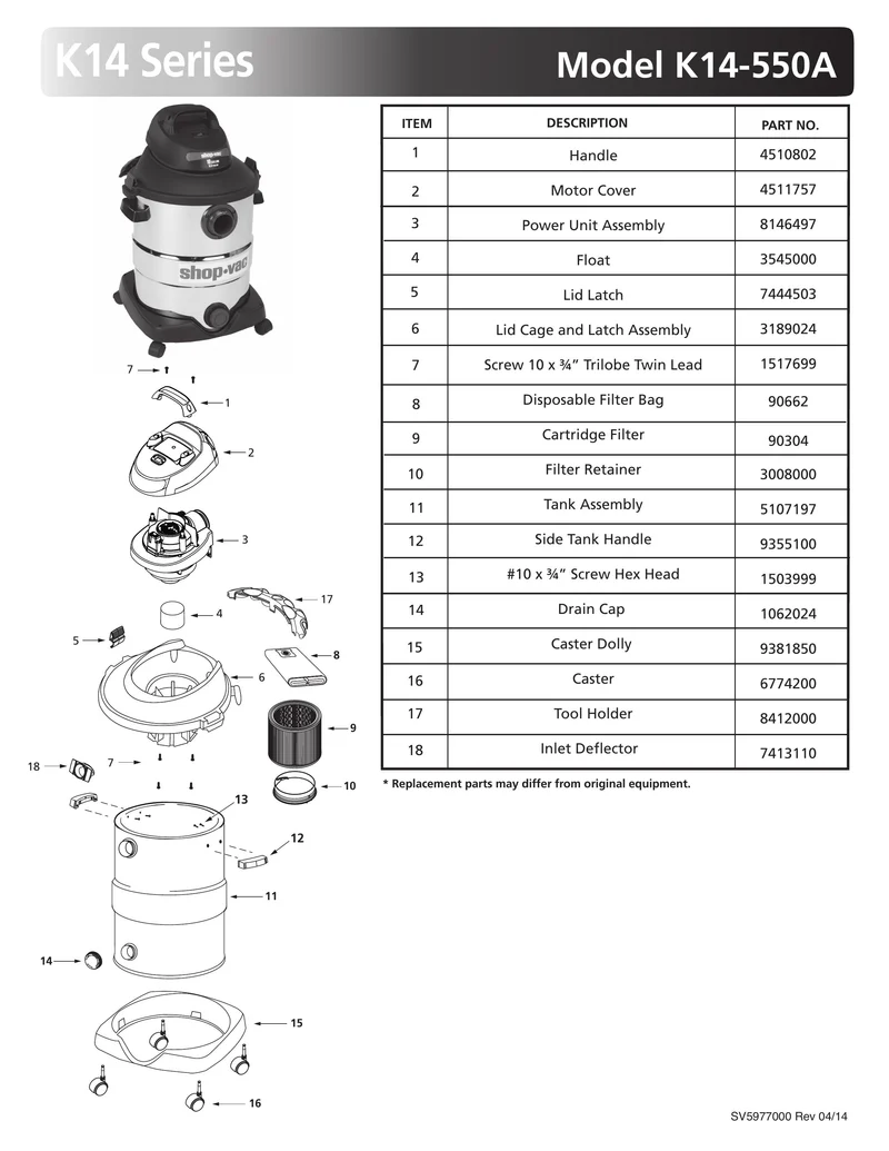 Shop-Vac Parts List for K14-550A Models (10 Gallon* Black / Red Stainless Steel Vac)