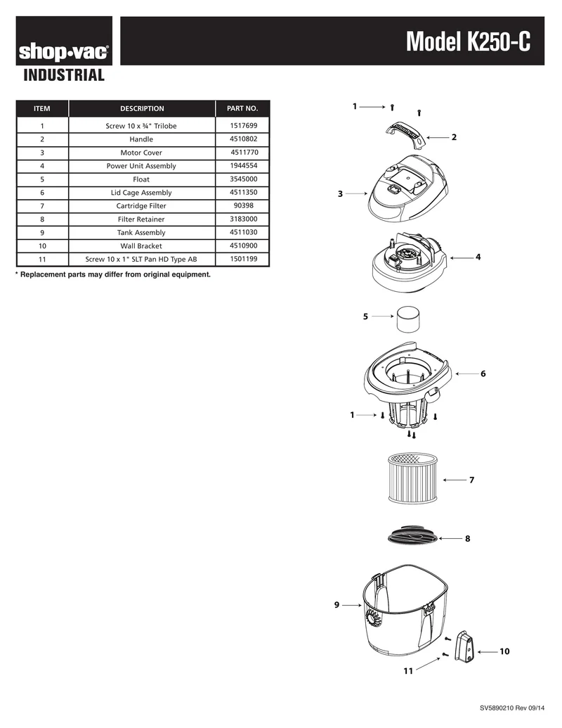 Shop-Vac Parts List for K250-C Models (2.5 Gallon* Portable Industrial Vac)