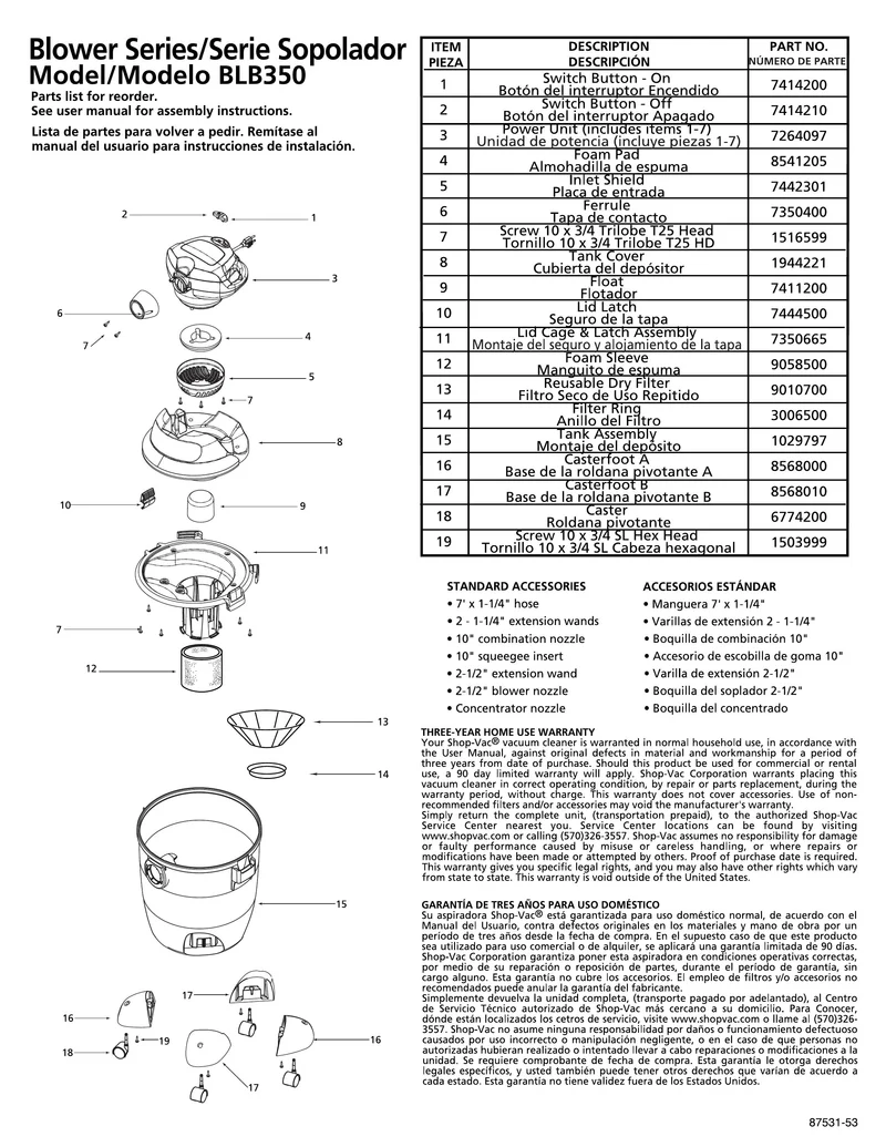 Shop-Vac Parts List for BLB350 Models (10 Gallon* Green / Black Blower Vac without Tank Drain)