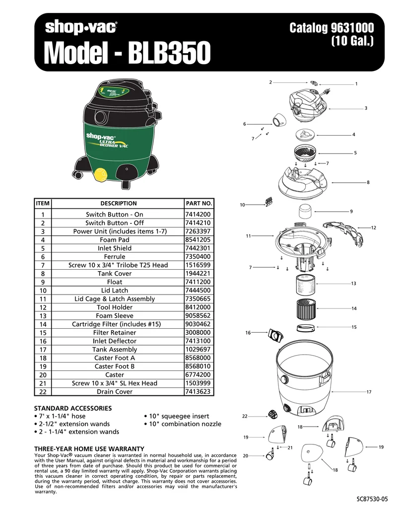 Shop-Vac Parts List for BLB350 Models (10 Gallon* Blower Vac w/ Green Tank containing a Black Tank Top)