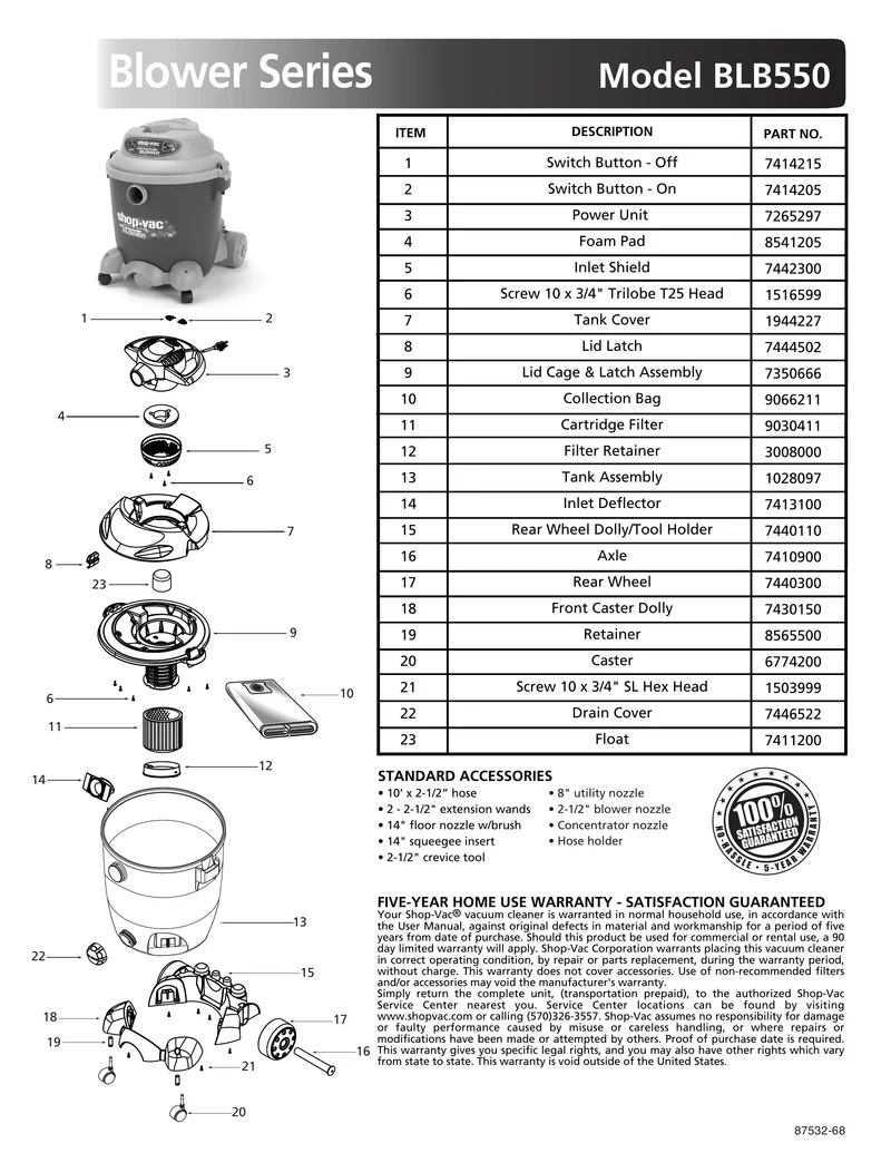 Shop-Vac Parts List for BLB550 Models (12 Gallon* Blue / Gray Blower Vac w/ Rear Wheel Dolly)
